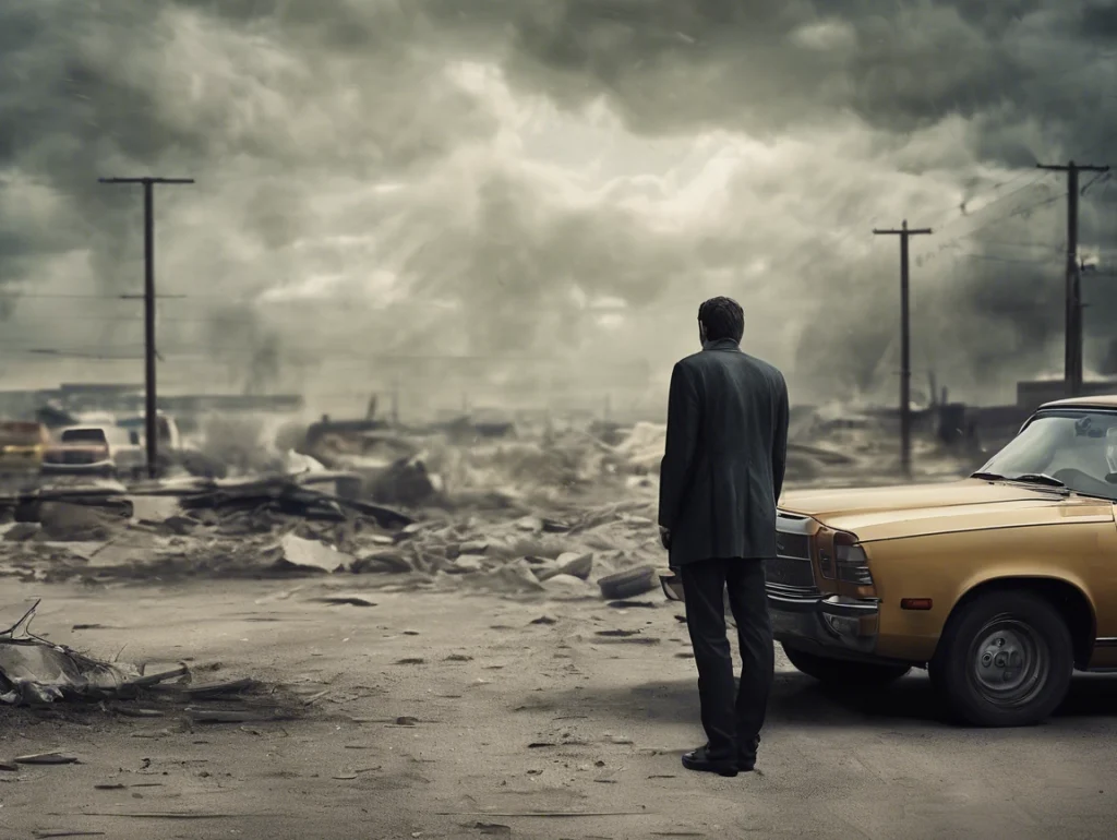A person in a suit stands alone on a desolate street, facing a ruined landscape under a cloudy sky, with a vintage yellow car nearby.