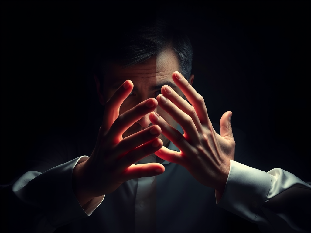 A person with their back to the camera, partially illuminated, looking distressed as they cover their face with their hands.