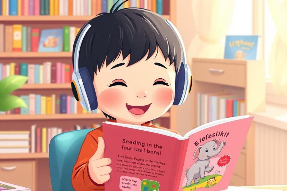 a young Korean child happily reading a simple English picture book