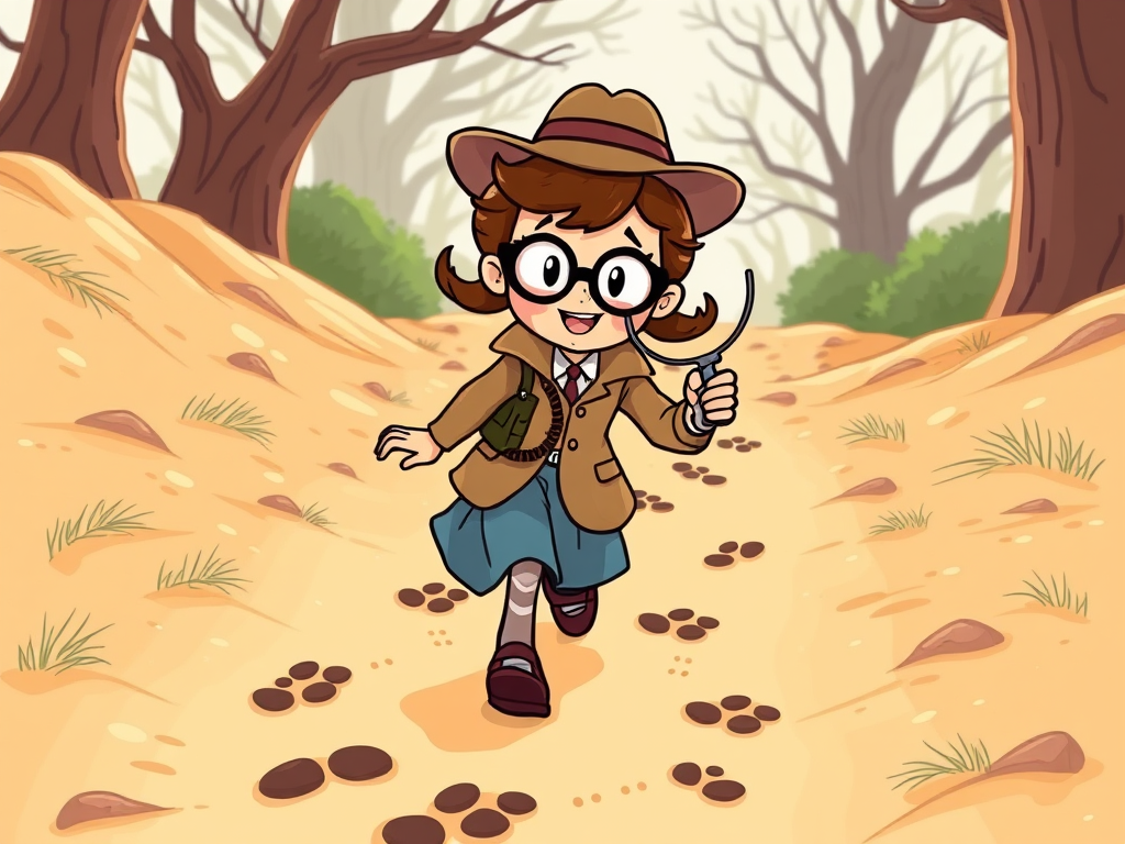 탐정이 발자국을 따라가고 있습니다.