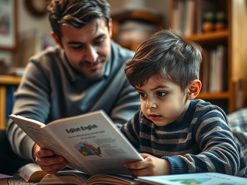 영어 리딩 설계 훈련 장면, 소리 내어 영어 원서를 읽는 아이와 지도하는 부모