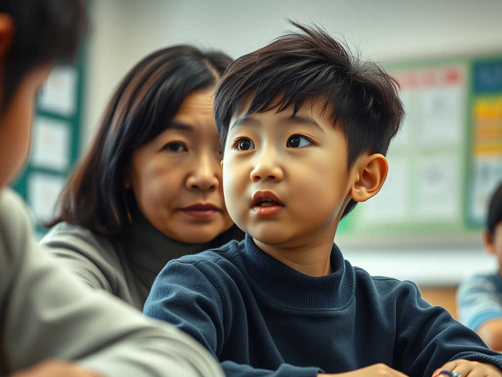 returnee 영어 문제를 고민하는 부모와 영어 발표를 잘하는 아이의 모습