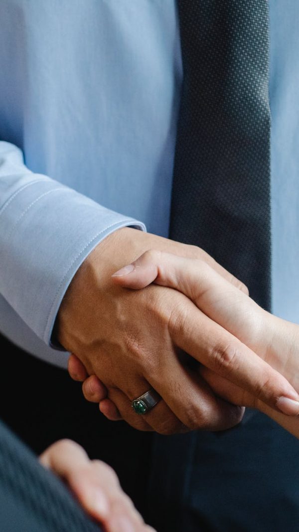 anonymous colleagues shaking hands before business meeting